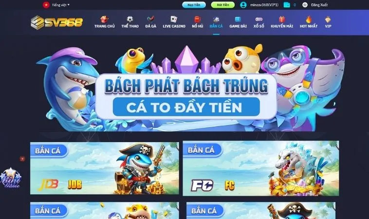 Sảnh bắn cá SV368 thiết kế giao diện đẹp, ấn tượng