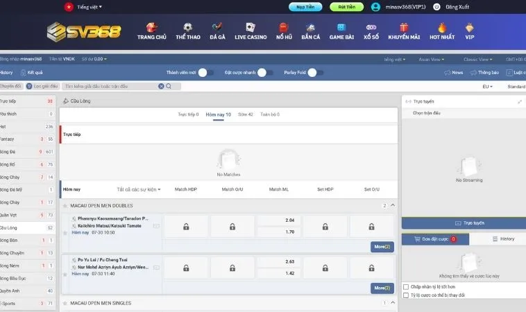Bảng kèo cá cược Cầu Lông Tại SV368