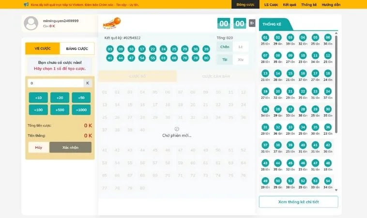 Giao diện chơi game nhanh Keno Tại SV368