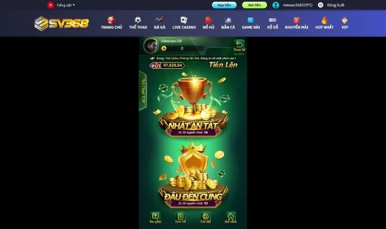 Bí Kíp Chơi Tiến Lên Miền Nam SV368 Bất Bại Từ Các Cao Thủ 2 Các sảnh chơi Tiến Lên Miền Nam SV368