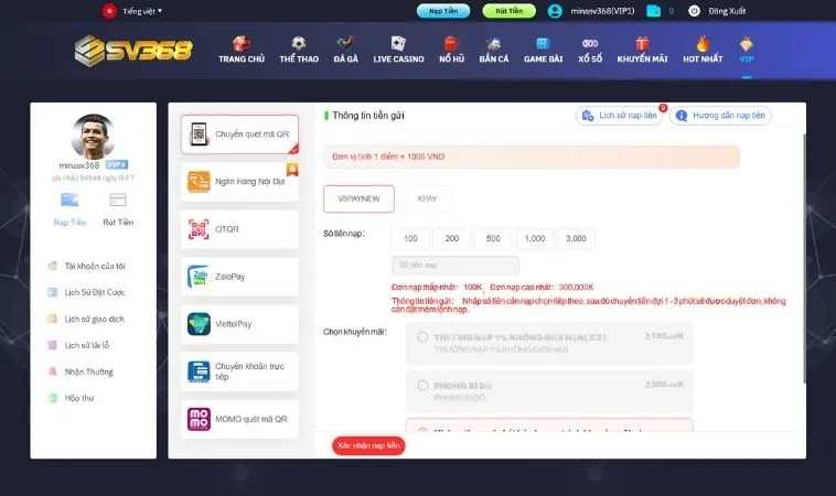 Hướng Dẫn Nạp Tiền SV368 Nhanh Gọn Lẹ Nhận Thưởng Liền Tay 2 Giao diện nạp tiền SV368