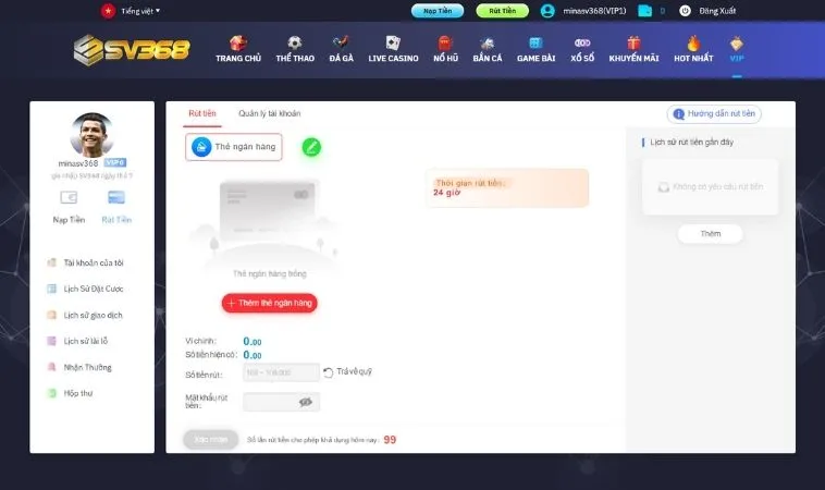 Giao diện rút tiền SV368