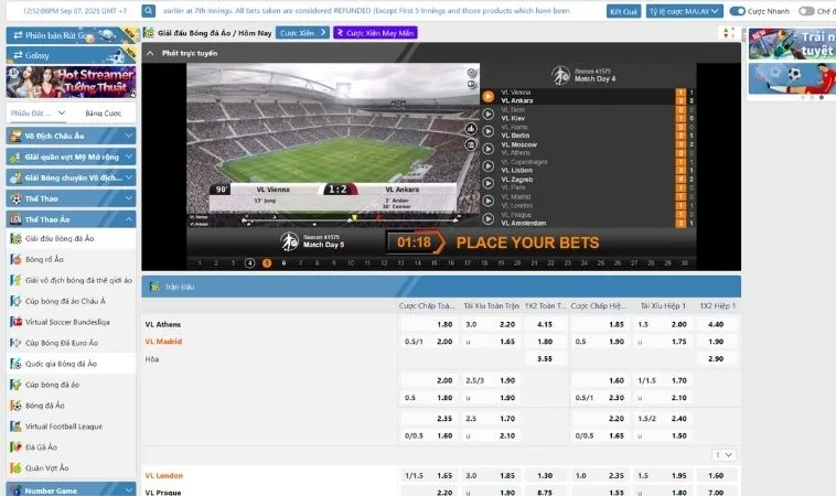 Giao diện cá cược Thể Thao Ảo SV368